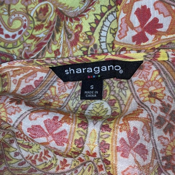 Sharagano Womens Shirt Size Small Yellow Pink Orange Geometric Print Top Crochet - Picture 4 of 6